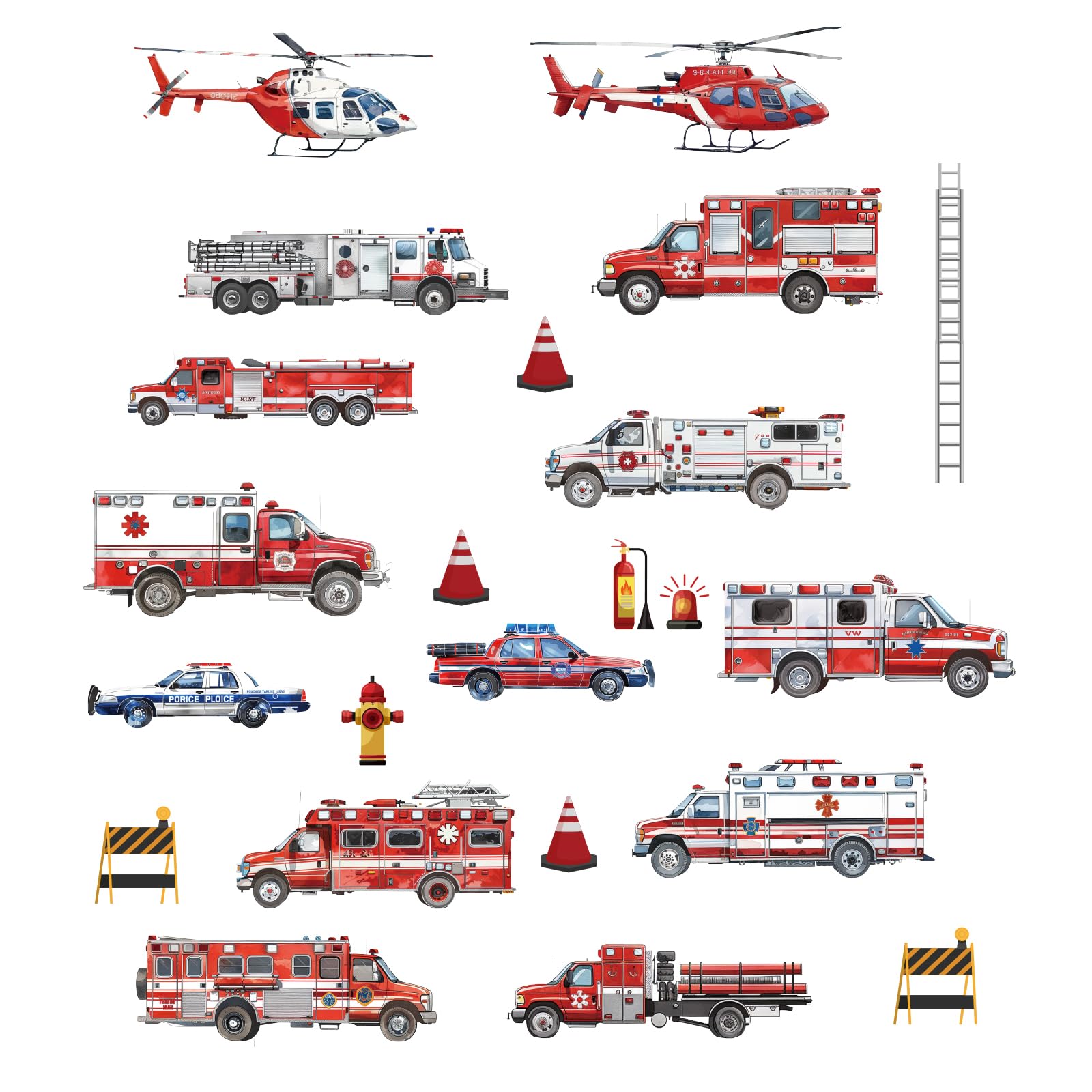 PLIGREAT 23 Pcs Transportation Cars Wall Decals Watercolor Fire Trucks Helicopter Ambulance Wall Stickers Removable Police Car Wall Decors for Kids Bedroom Nursery Playroom Classroom Decoration