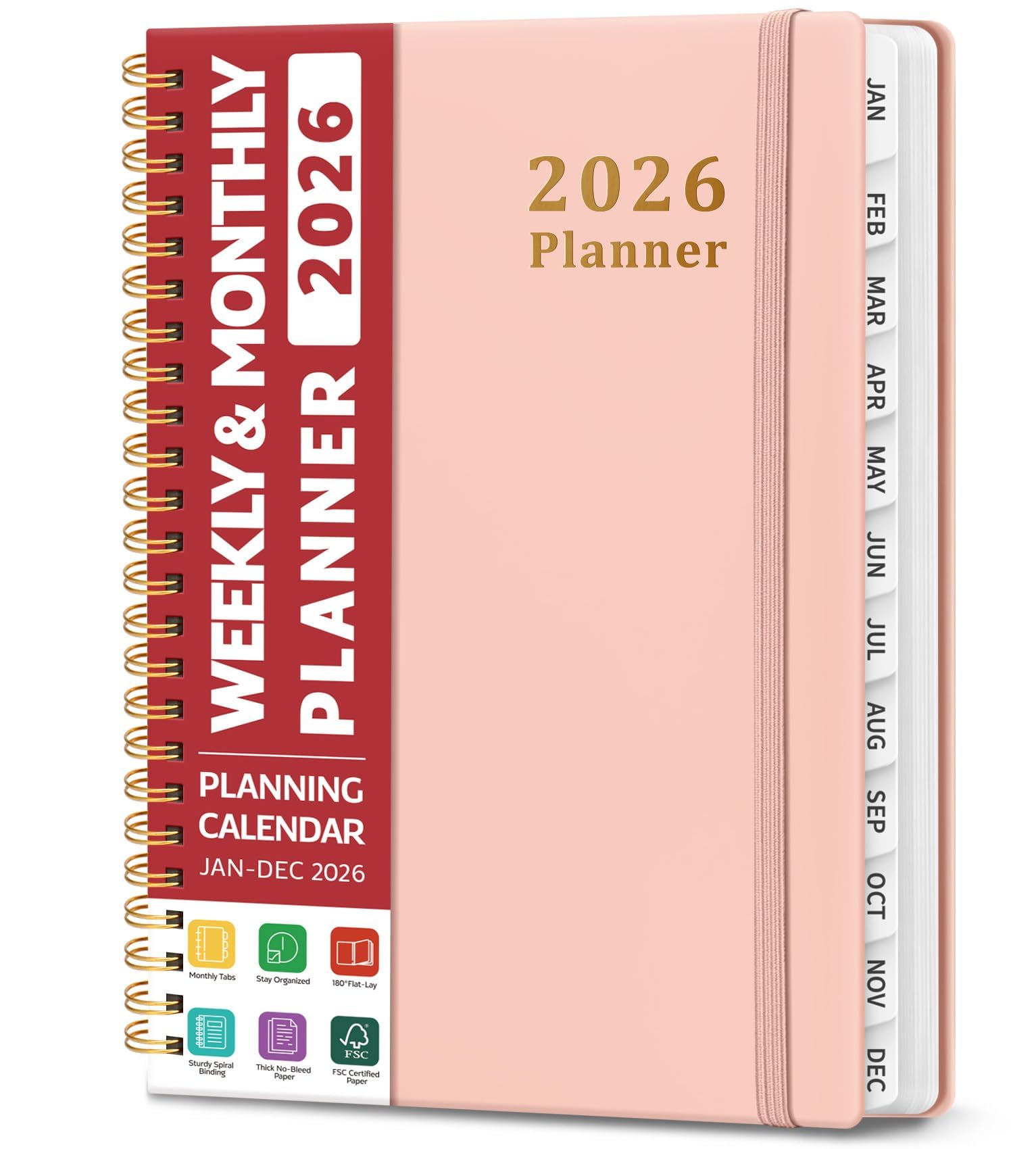 Photo 1 of 2026 Planner, Weekly and Monthly Calendar Planner, January 2026 - December 2026, Hardcover 2026 Calendar Book with Tabs For Women & Men, Inner Pocket, Spiral Bound, Perfect for Office Home School Supplies - A5 (6.3" x 8.5"), Pink