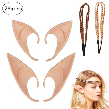 ZoomSky Elfenohren Set, 2 Paar Fantasy Latex Elf Ohren mit 2er Haarband Hobbit Spitzohren zum Aufstecken für Halloween Cospla