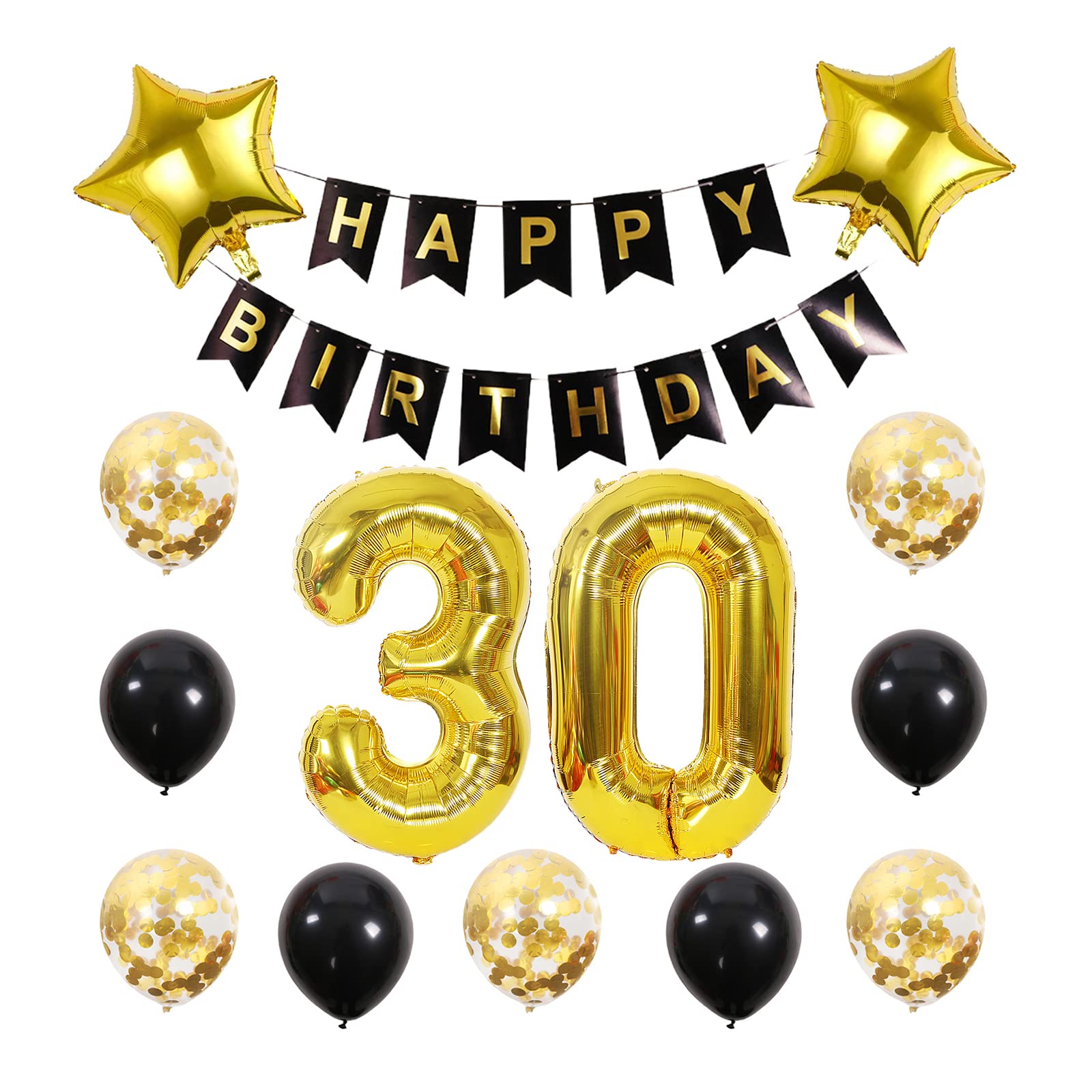 Chaungfu30 Birthday Party Supplies Gold Number 30 Foil Balloon Happy Birthday Banner Kit 30th Birthday Decoration Black Gold Latex Confetti Balloon Foil Star Balloon Great Gift for Girls Boys Birthday