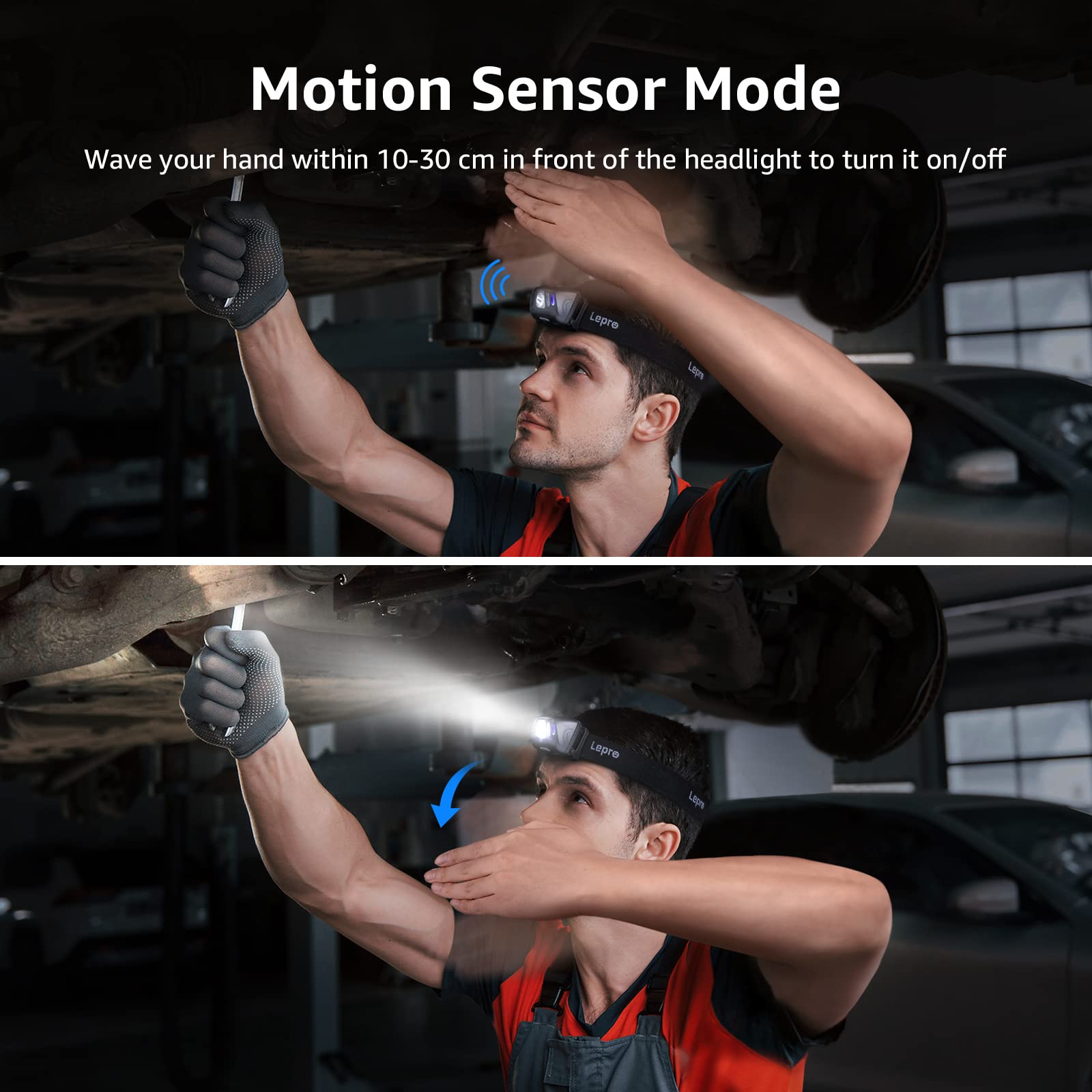 Lepro PR320017-a-2 Rechargeable Headlamp with Motion Sensor - 1500Lux LED Head Lamp with Red Light for Outdoor Activities, 2 Pack