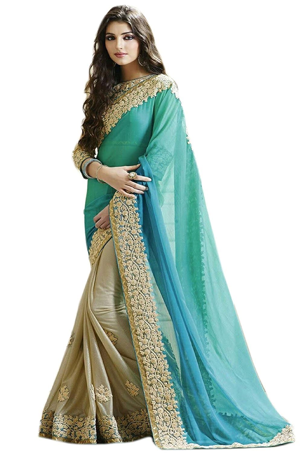 bmr women's georgette saree with blouse piece (turquoise_free size)