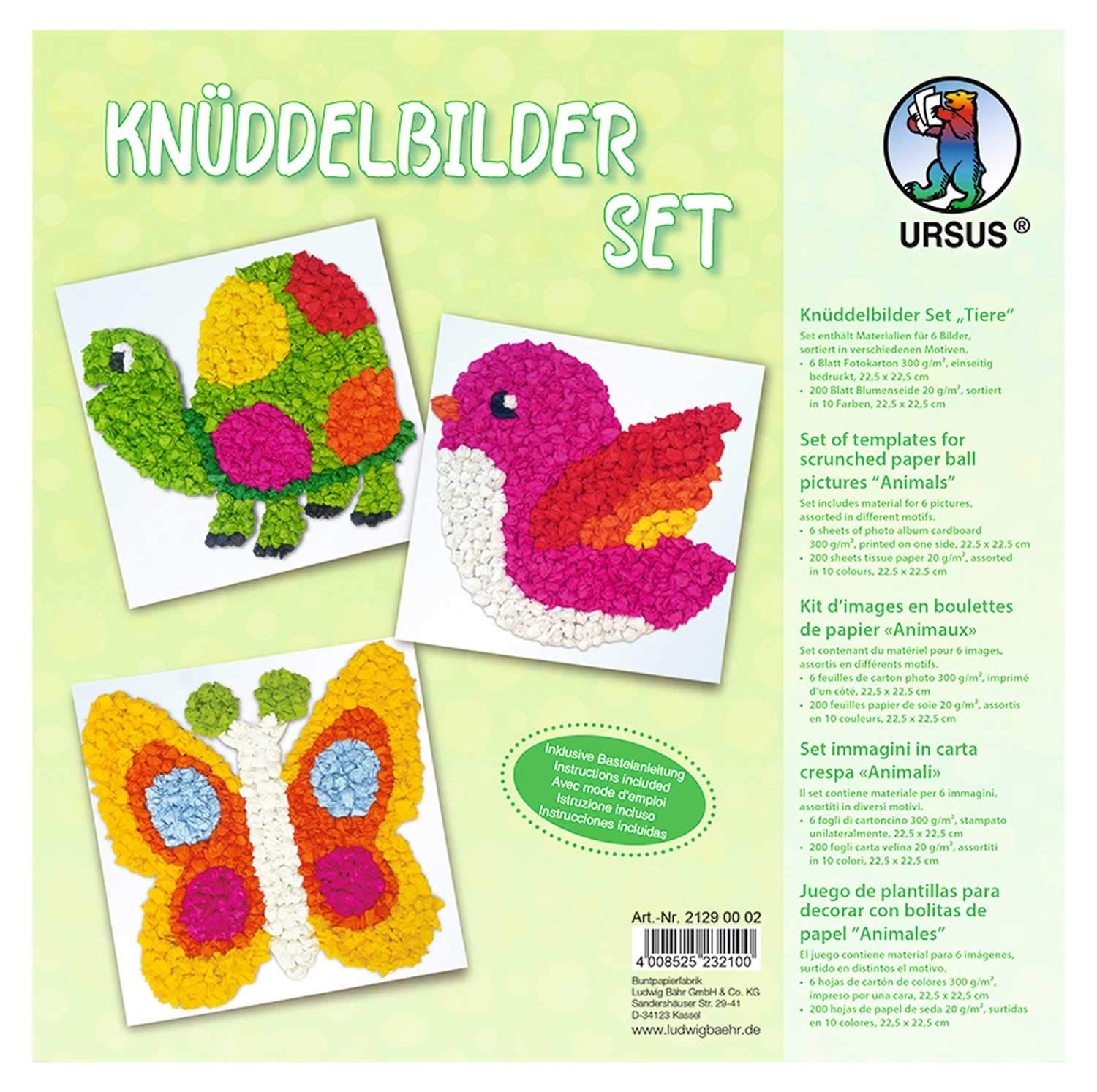 Ursus 21290002 Knüddelbilder Set 6 Photo Card 300 g/m² Approx. 22.5 x 22.5 cm, printed on animals on one side, 200 sheets of floral silk in 10, white