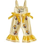 Adobabirl Toddler Baby Girl Overalls Bee Embroidery Sleeveless Strap Bell Bottom Romper Jumpsuit Flare Pants Cute Clothes