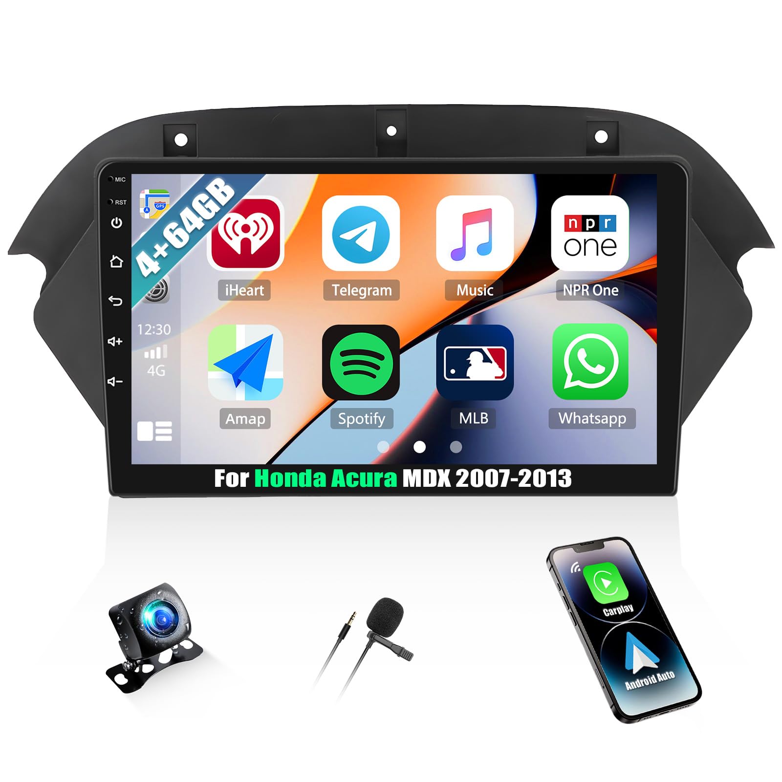 Photo 1 of 4+64G Android 13 Car Stereo for Honda Acura MDX 2007-2013 with Wireless Carplay, 9'' Touchscreen Car Radio with WiFi Mirror Link GPS Bluetooth FM RDS Radio DSP EQ SWC+AHD Backup Camera