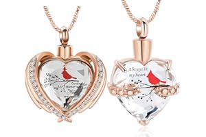 Yinplsmemory 2 Pieces Red Cardinal Urn Necklace for Ashes Keepsake Memorial Crystal Heart Urn Locket for Human/Pet Cremation Jewelry