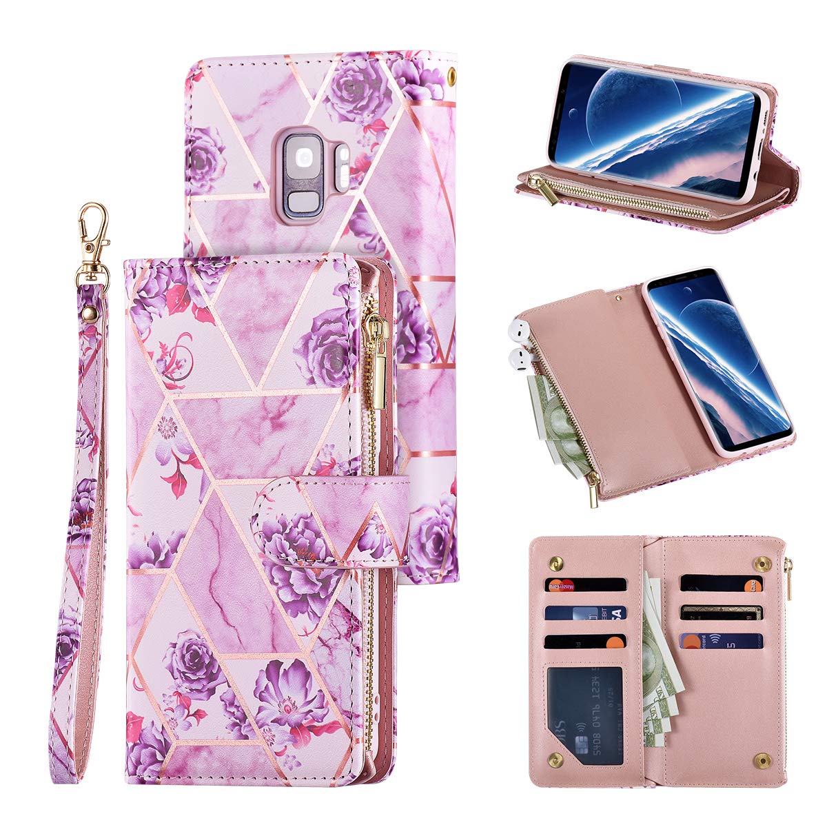 UEEBAI Wallet Case for Samsung Galaxy S8, Premium PU Leather Case Magnetic Closure Geometric Marble Flower Pattern Handbag Zipper Pocket Case Kickstand 6 Card Slots Shockproof Flip Cover - Purple
