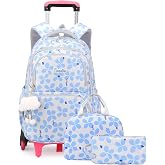 Bansusu 3Pcs Kids Rolling Backpack for Girls with Lunch Bag, Lucky Leaf School Bag Girls Roller Backpack with 6 Wheels, Blue