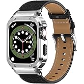 SUPLINK Leather Band with Stainless Steel Case for Apple Watch Ultra 3/2/1 & SE 3/2/1 & Series 11 10 9 8 7 6 5 4 3 2 1 49mm 46mm 45mm 44mm 42mm 41mm 40mm 38mm,Rugged Bumper for Men
