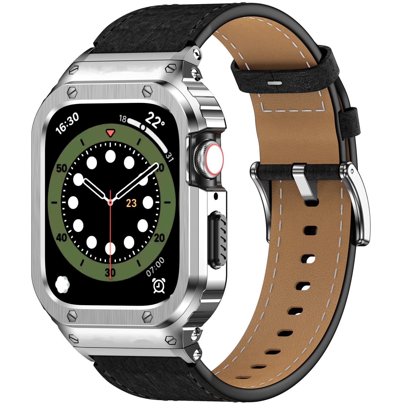 SUPLINK Stainless Steel Case and Bands Compatible with Apple Watch 44mm Bands 42mm,Leather Strap Rugged Cover for iWatch Bands Series SE 6 5 4 3 2 1 Men Woman