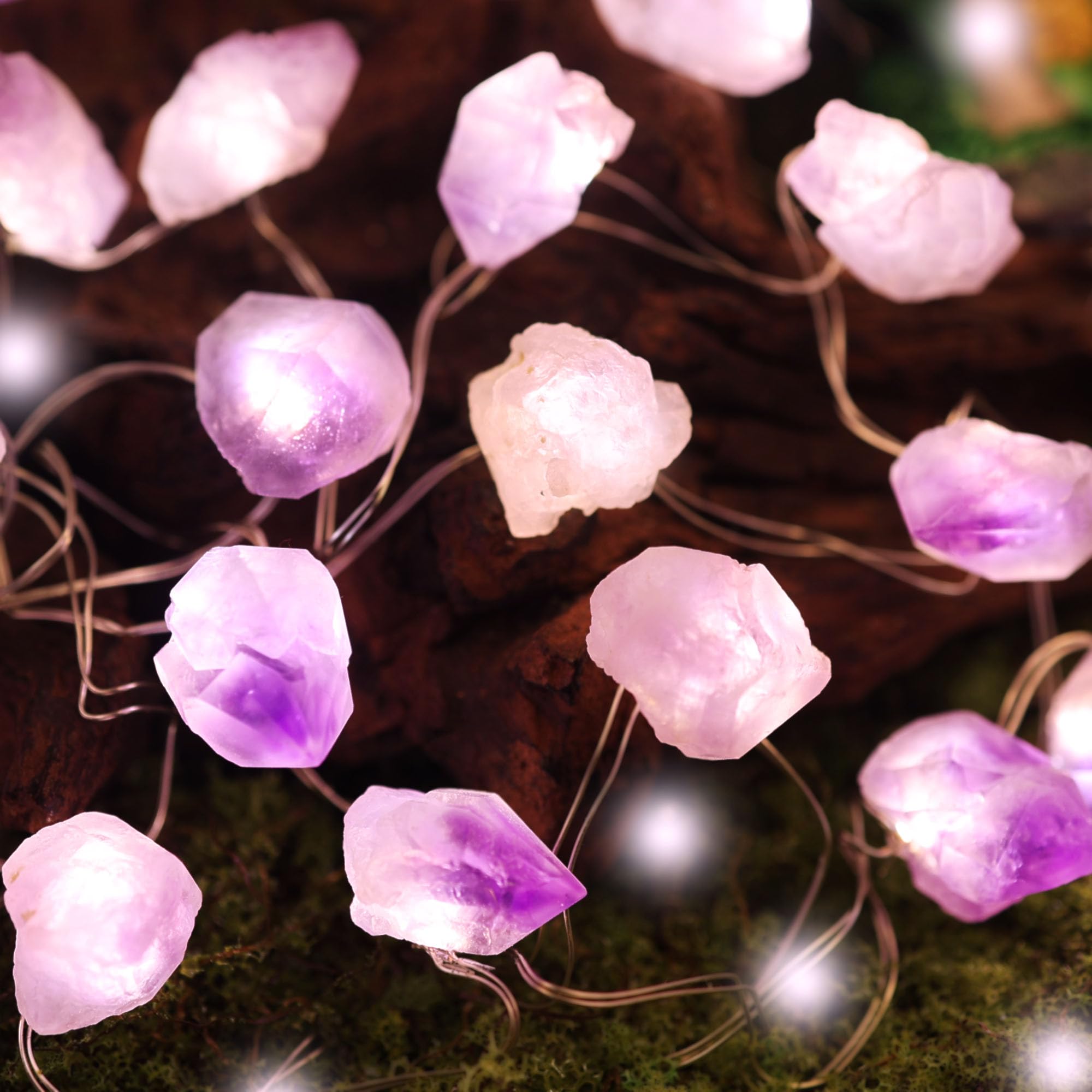 Photo 1 of JASHIKA Genuine Amethyst Crystal Fairy Lights, Natural Healing 20 Raw Stones String of Lights 6.5ft Remote Control USB Plug in for Reiki Ornaments Bedroom Wedding Decoration
