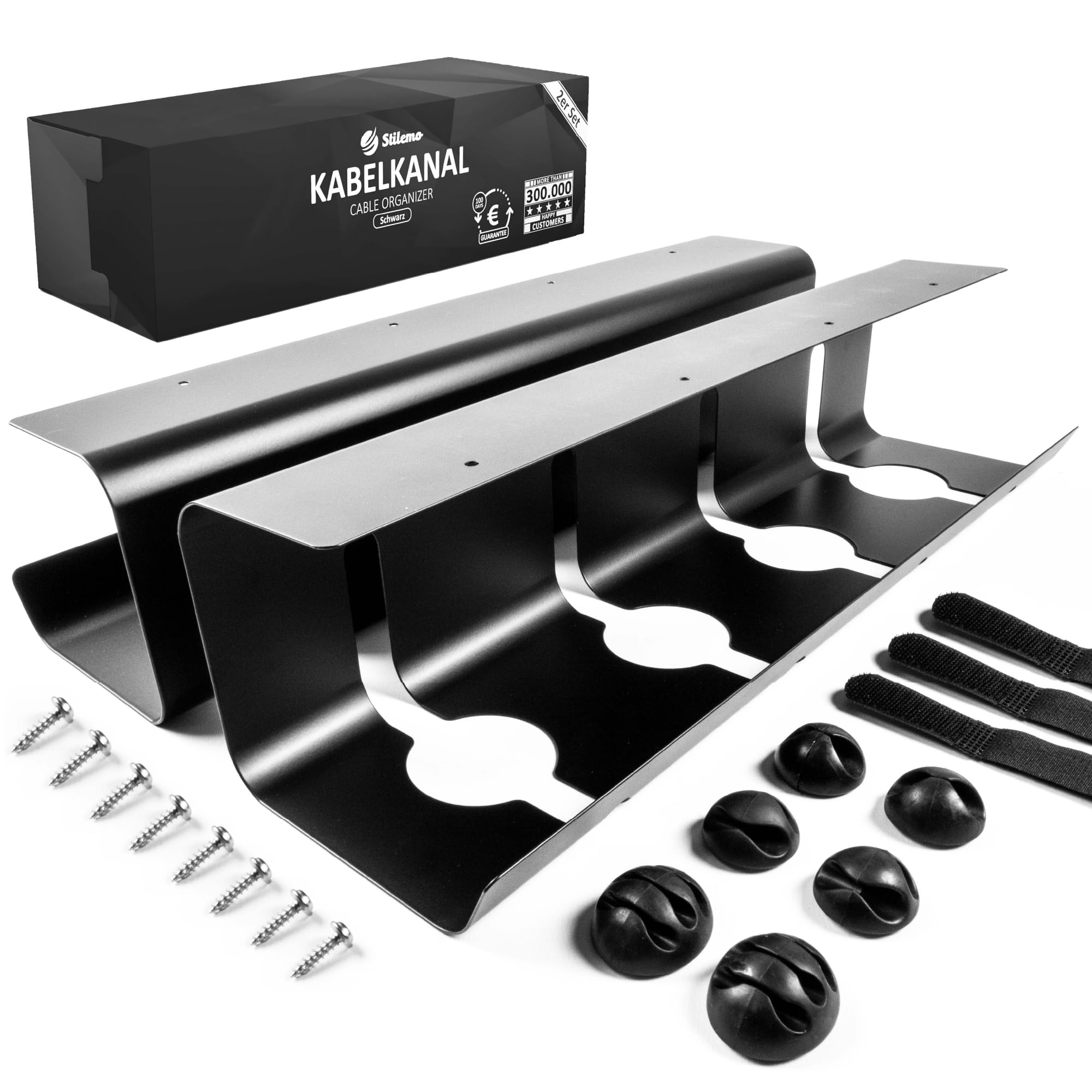 Stilemo Cable Management Under Desk Tray, Pack of 2, Ultra sturdy Wire Organiser Storage, Keeps Wires Tidy, Carbon Steel Holds Upto 5kg, 43 X 12 X 10cm Kit, Under Desk Cable Management Kit, Black