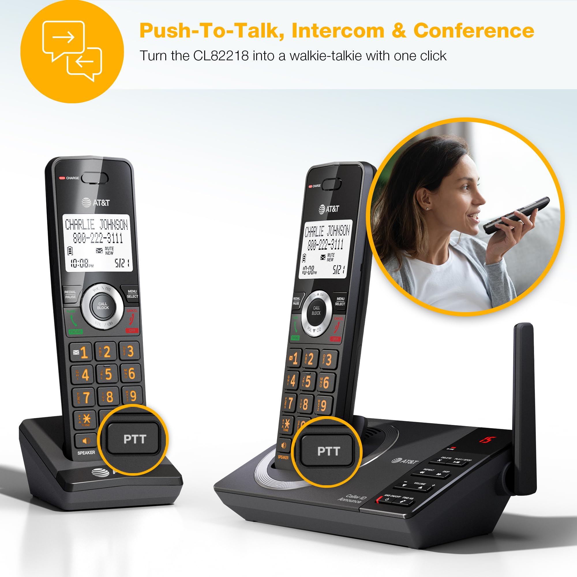 AT&T 2-Handset Expandable DECT 6.0 Cordless Home Phone with Large Display, Big Buttons, Answering Machine, Smart Call Blocker, Long Range, Caller ID, Speakerphone, Intercom: CL82218 (Charcoal Black)