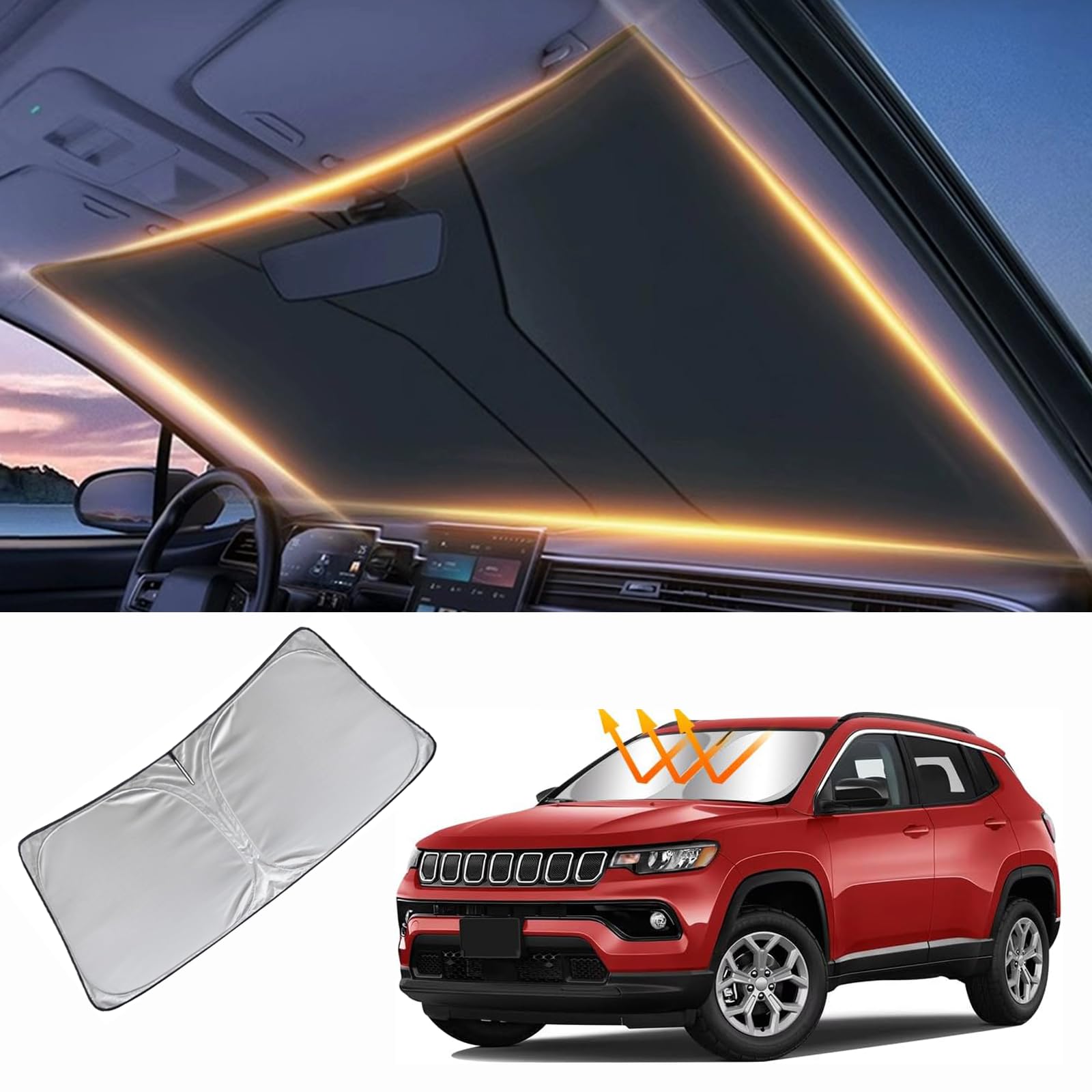 Photo 1 of Windshield Sun Shade for Jeep Compass Patriot Front Window Shades Cover for 2007-2024 Compass Windshield Sun Visor Protector Car Accessories