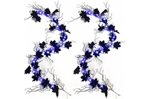 HAMIFINEE Halloween Black Garland with Timer 2 Pack 6 Feet Dead Branch Garland Lights with Maple Leaves and Skull Battery Operated Black Branch Garlands for Fall Halloween Mantle Wall Home Christmas Decoration