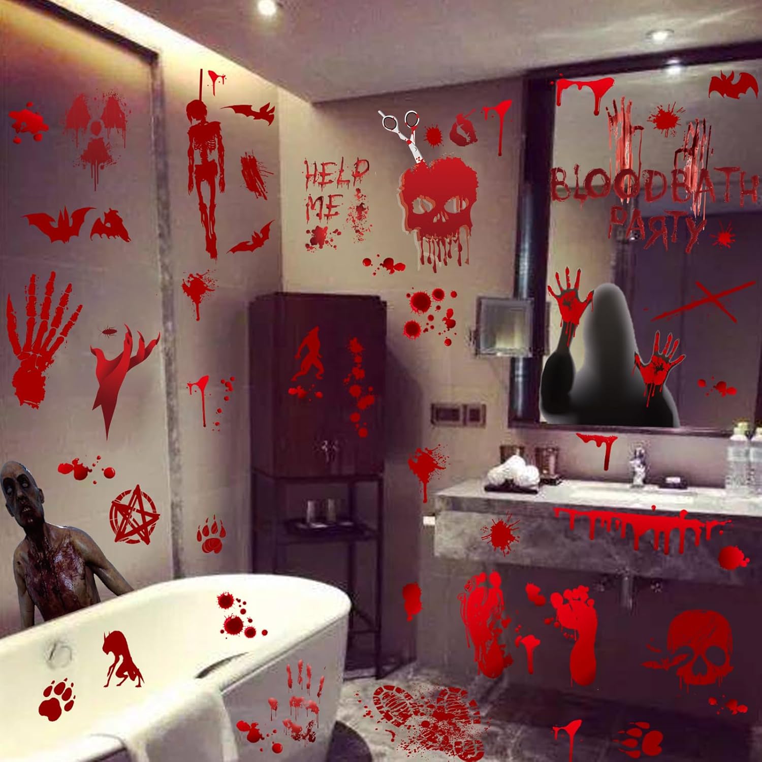 Window Treatments - JMANNI Halloween Decorations, 10 Sheets Halloween Window Clings, Bloody Handprint Footprint Halloween Wall Decal Floor Clings with Tattoo Stickers, Scary Halloween Decoration Window Stickers