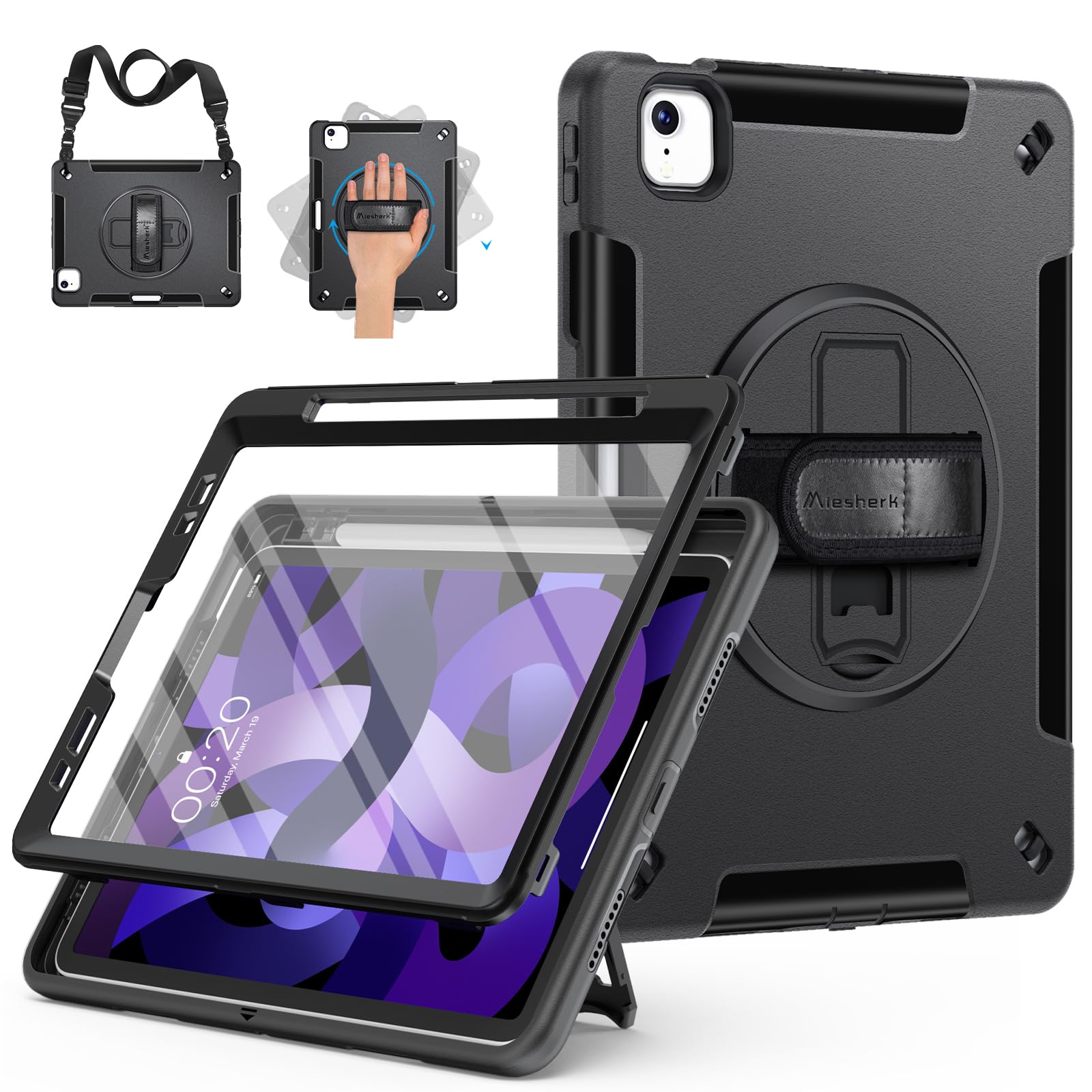 Miesherk Case for iPad Air 5th/4th Gen 10.9: Military Grade Full Body Protective Cover iPad Air 11 M5/M4/M3 2026/2025/2024-Screen Protector-Pen Holder-Rotating Stand-Hand/Shoulder Strap-Black