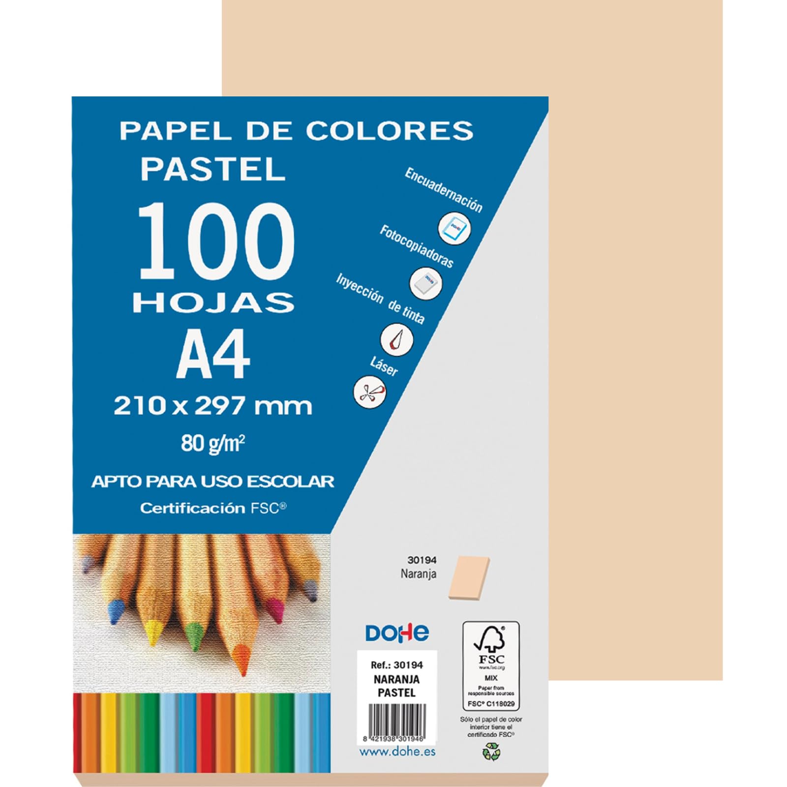 Dohe 30194 – Pack of 100 Paper Sheets 80 g A4, Orange Pastel