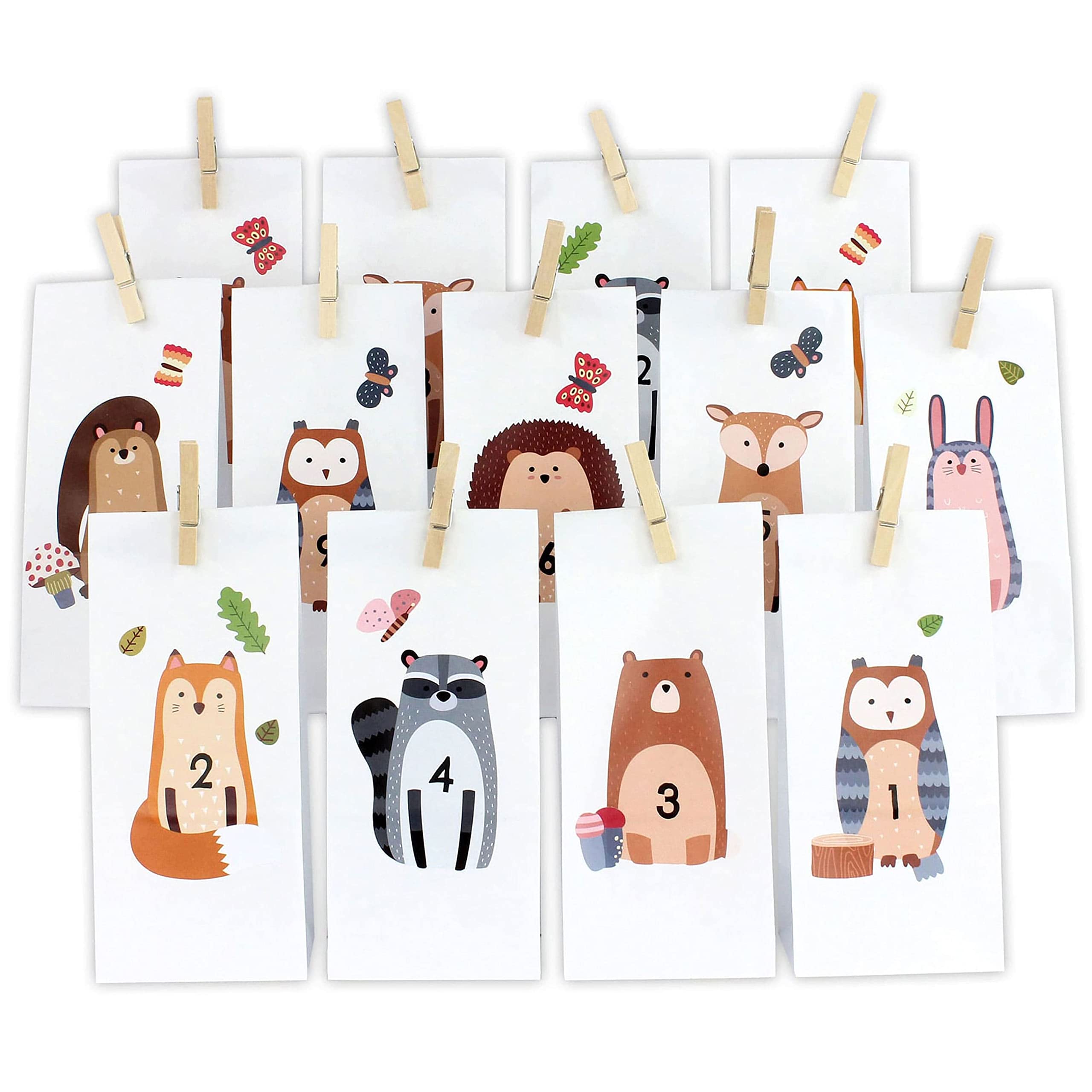 Papierdrachen DIY Advent Calendar for Filling – Forest Animals – Direct to Stick on and DIY – with White Bags and Clips – Various Animals
