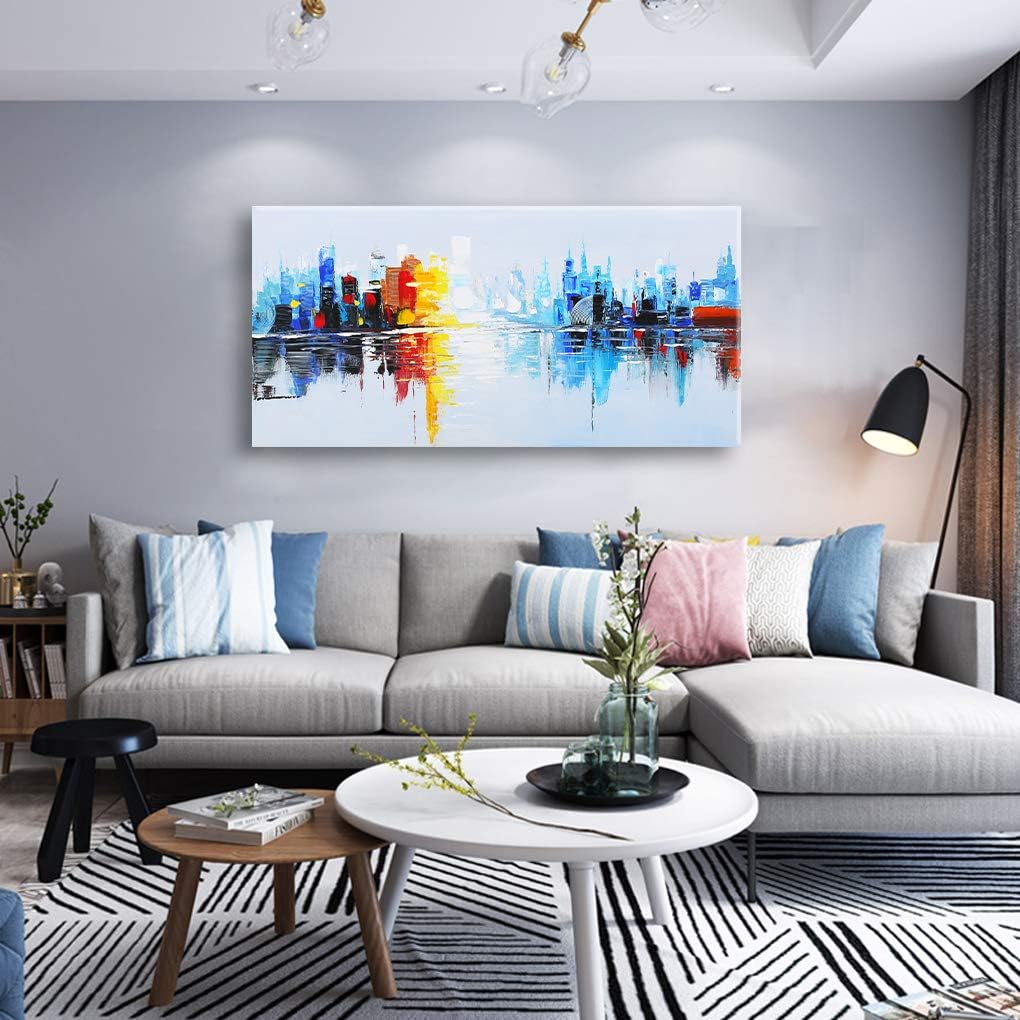 MUHUA Cityscape Oil Painting 100% Handmade Abstract Oil Paintings Colorful Buildings Landscape Wall Art Modern Decoration Canvas Artwork 24x48 inch