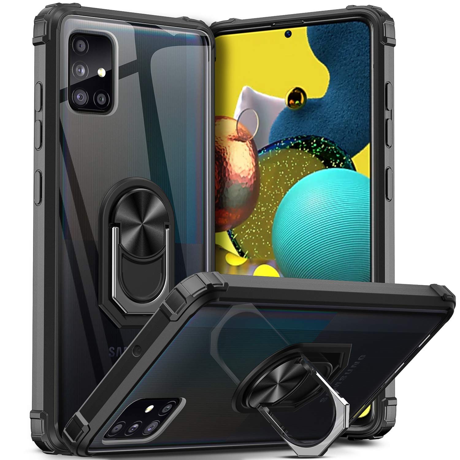 DOSNTO for Samsung Galaxy A51 Case (6.5''), [Military Grade] Shockproof and Drop-Resistant Clear Phone Case Protection Cover with 360 Degree Rotatable Magnetic Fingerring Kickstand, Black Frame