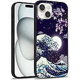 MSEAANBK Designed for iPhone 15 Case Japanese Wave Cherry Blossom Moon Pattern Phone Case for Men Women Boys Girls, Soft TPU Full Body Shockproof Anti-Scratch Case for iPhone 15 6.1"