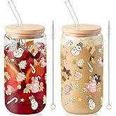 Sliner 2 Pcs Gingerbread Glass Cups Christmas Tumbler with Lid Straw Xmas Drinking Glasses 16 oz Iced Coffee Cup with Cleaning Brush Beer Can Tumbler Cute Holiday Gifts for Home Office Decorations