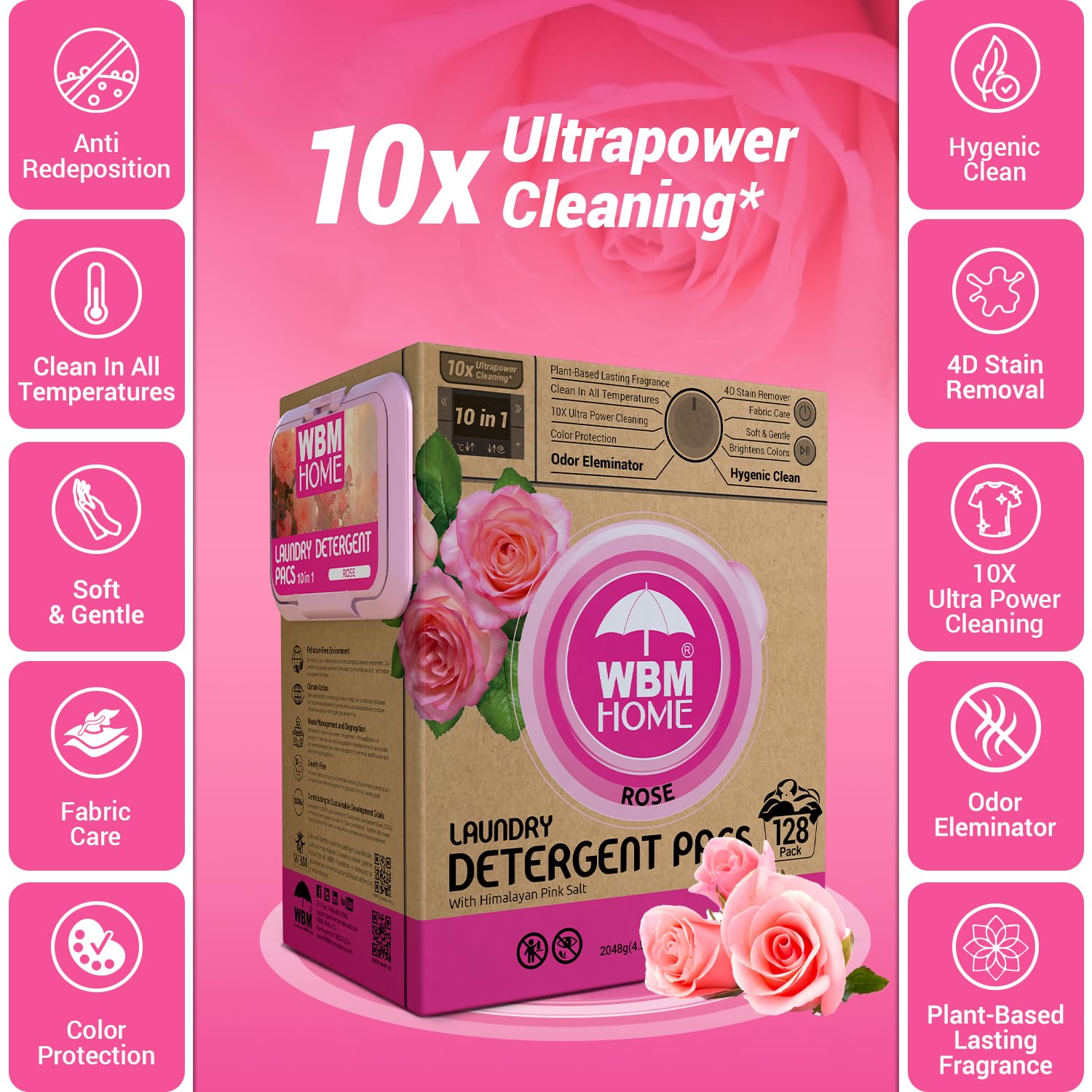 WBM 10-in-1 Laundry Pods, Total 128 Count, High Efficiency, Ultra Concentrate with Powerful Stain Lifter Technology, Fabric Softener With Rose Extracts, Detergent Pods