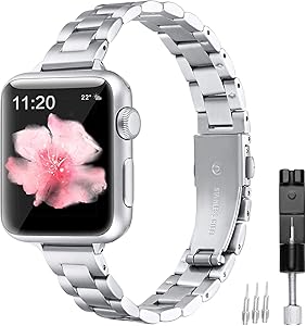 fastgo Metal Bands compatible with Apple Watch Women 38mm 40mm, Stainless Steel Replacement Wristbands Thin Watchbands Straps Bracelet compatible with Iwatch SE Series 6/5/4/3/2/1(Silver-38mm/40mm)