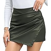 We1Fit Faux Leather Skorts for Women High Waisted PU Leather Shorts Elastic Waist Ruched Wrap Skort