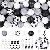 JarThenaAMCS Soccer Silicone Beads for Keychain Making Kit with 114Pcs 15mm Black White Gray DIY Silicone Beads Tassels Key Rings for Home Office School Sports Party Favors Jewelry Necklace Bracelet