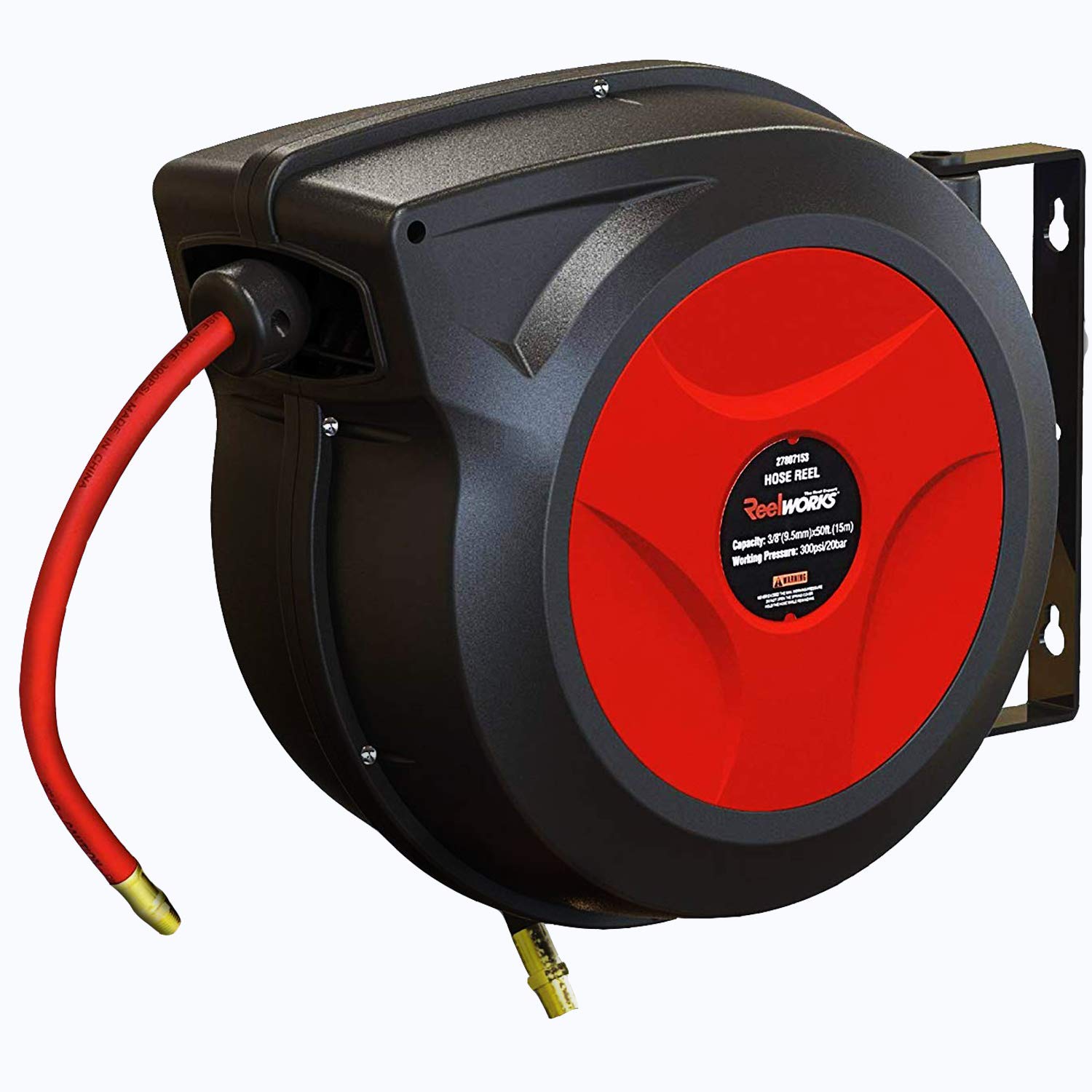 ReelWorks Air Hose Reel Retractable 3/8" Inch x 50' Foot Hybrid Polymer Red Hose Max 300PSI Commerical Polypropylene Construction