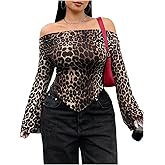 Verdusa Women's Plus Size Y2K Leopard Print Off The Shoulder Tops Flare Sleeve Graphic Tees