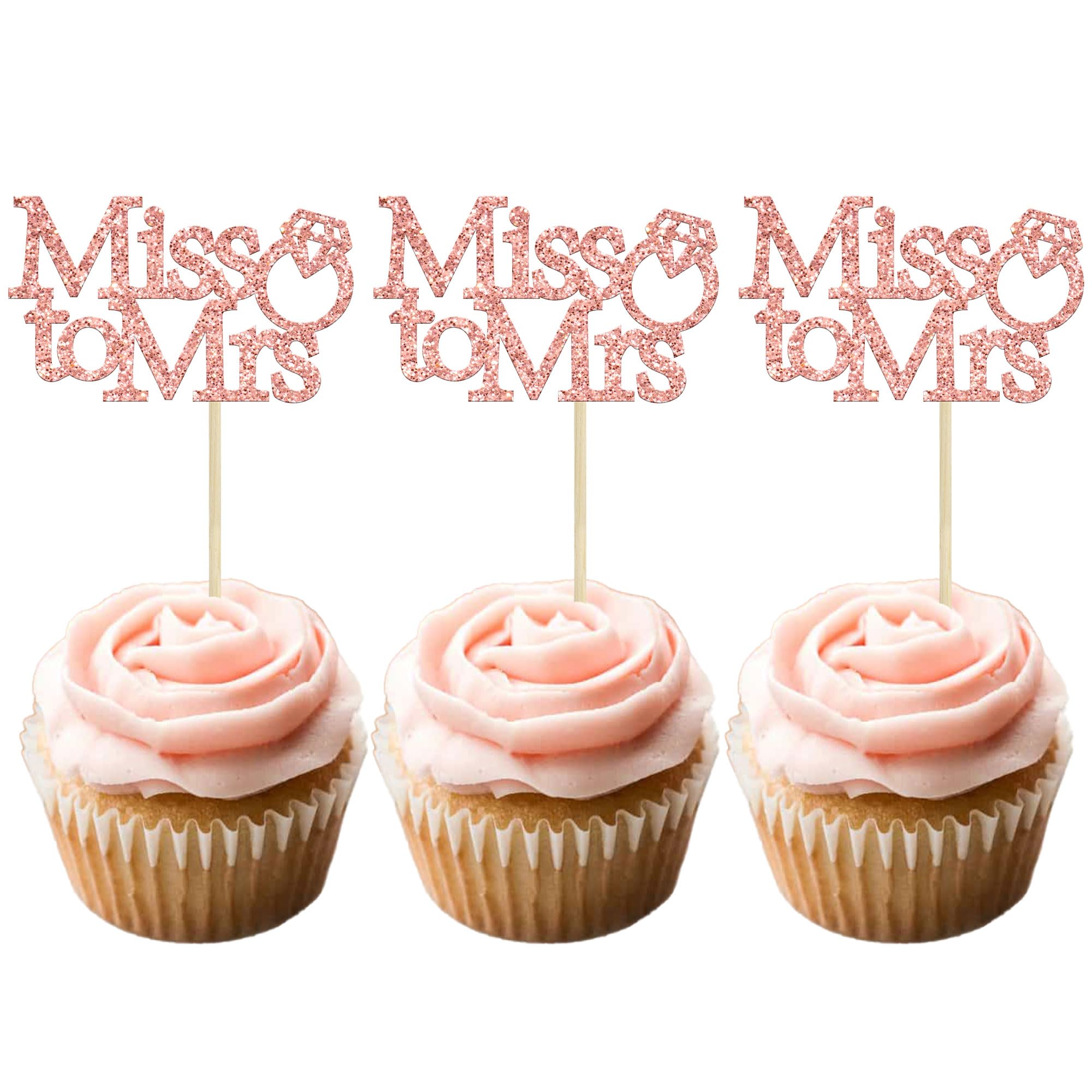 Gyufise 24Pcs Gold Glitter Miss to Mrs Cupcake Toppers with Ring Bridal Shower Cupcake Picks Wedding Engagement Birthday Party Cake Decorations Supplies