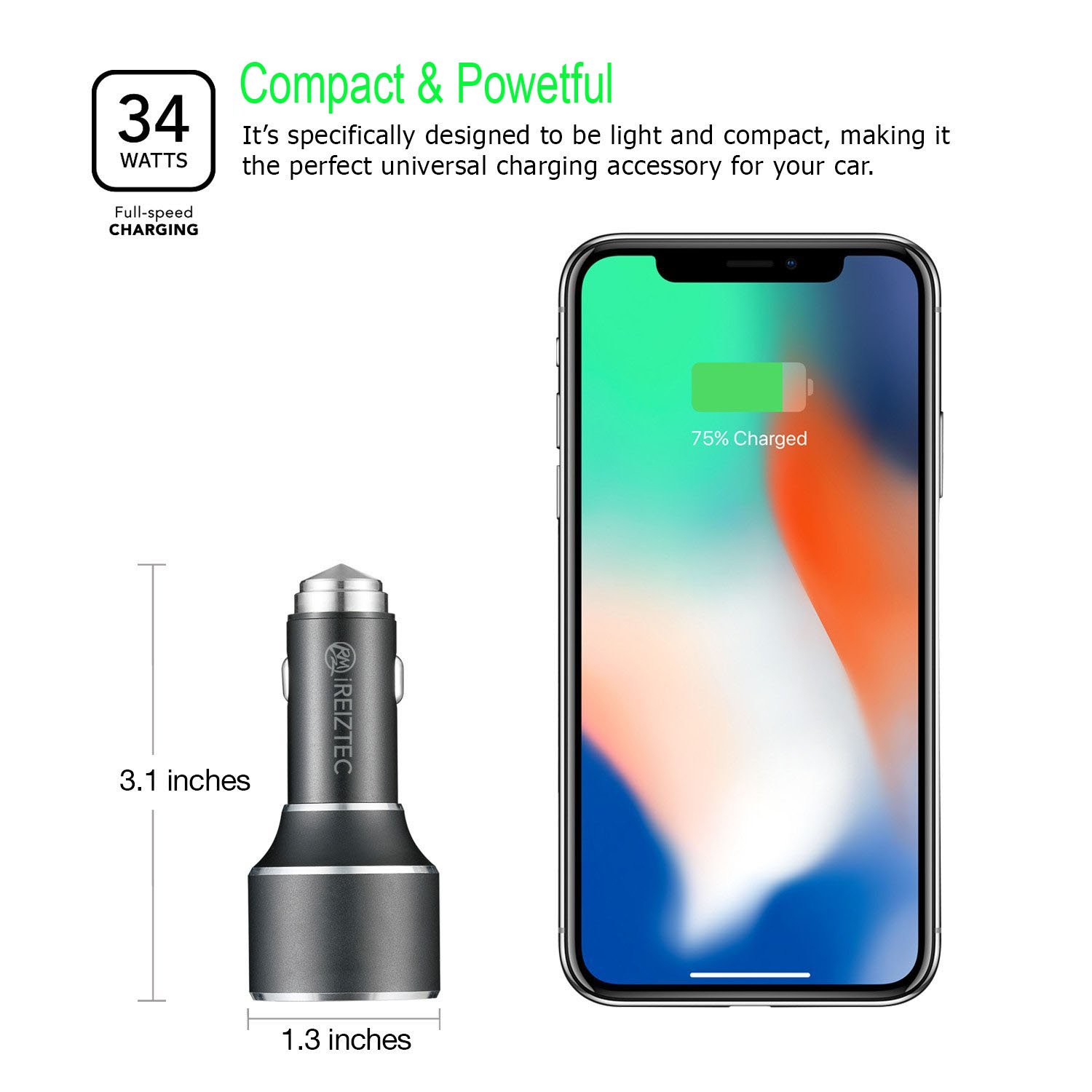 Dual USB Car Charger For iPhone x 8 6 7 Plus, fast car charger quick charge 3.0 for Galaxy S9 S8 S7 S6 Edge Plus Note 8, Cigarette Lighter Adapter w/Safety Hammer, 34W QC 3.0 & 5V/2.1A Ports black