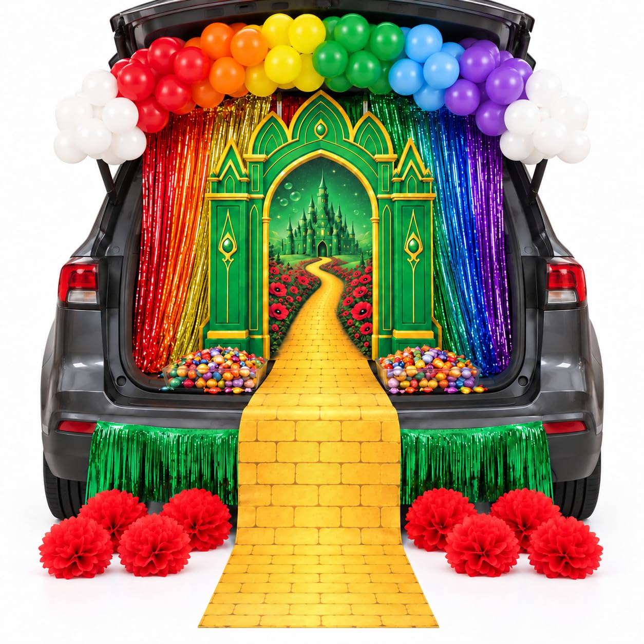 Cinrobiye Halloween Trunk or Treat Decorations Kit, Emerald City Yellow Brick Road Car Trunk Decor with Castle Backdrop, Rainbow Fringe Curtain, 80 Balloons for SUV Church Fall Festival