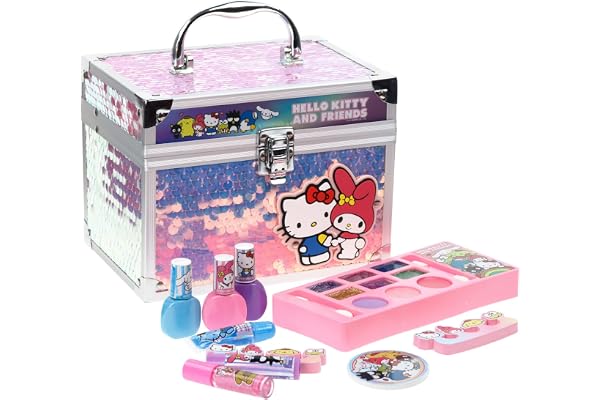 Hello Kitty And Friends Kid Makeup Set for Girls in Train Case, Includes Lip Gloss, Lip Balm, Eye Shimmer, Brushes, Nail Poli