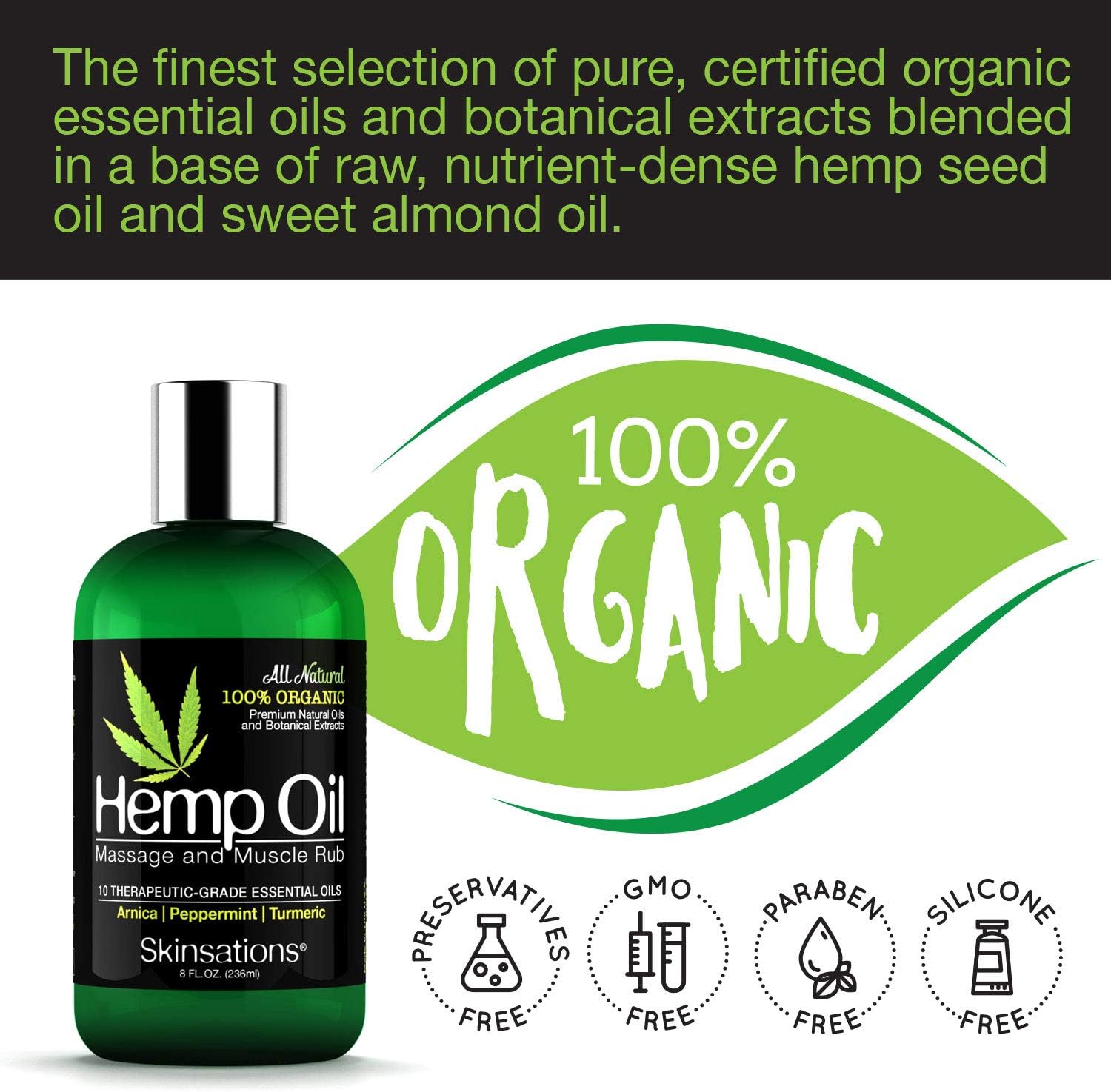 Skinsations – Hemp Oil Muscle Rub & Massage Oil | 100% Organic, Sore Muscle Pain Relief with Arnica Montana, Turmeric, Black Pepper, Peppermint, Lavender in a Sweet Almond Oil and Hemp Seed Oil Base: Health & Personal Care
