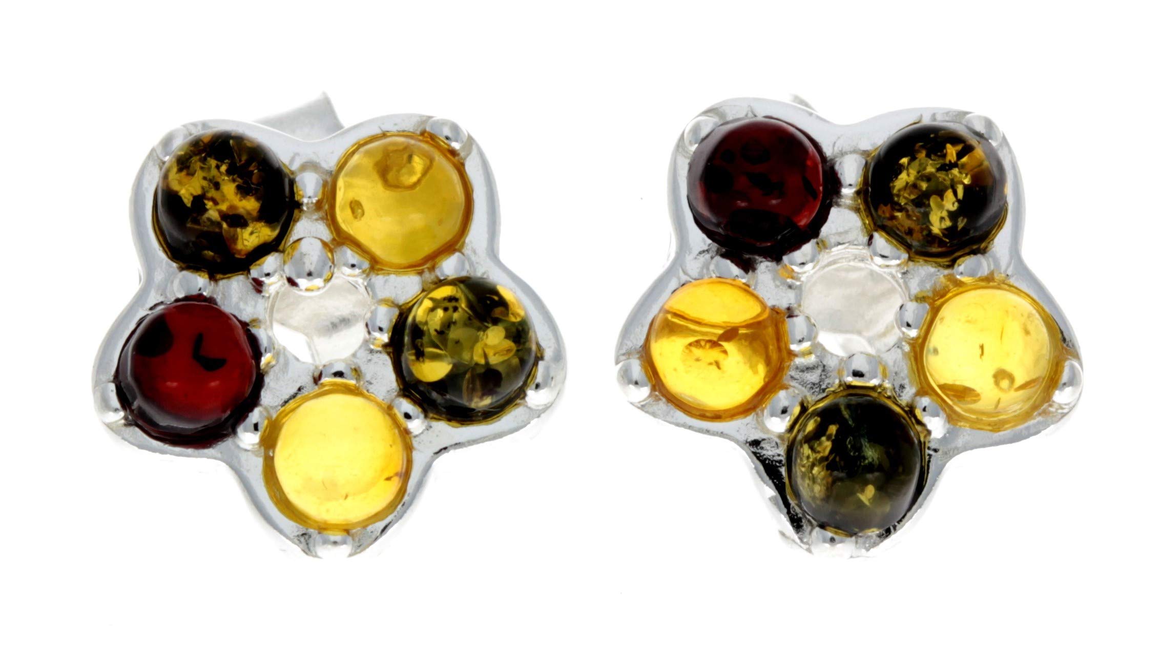 Baltic Mixed Amber Sterling Silver Small Stud Flower Earrings