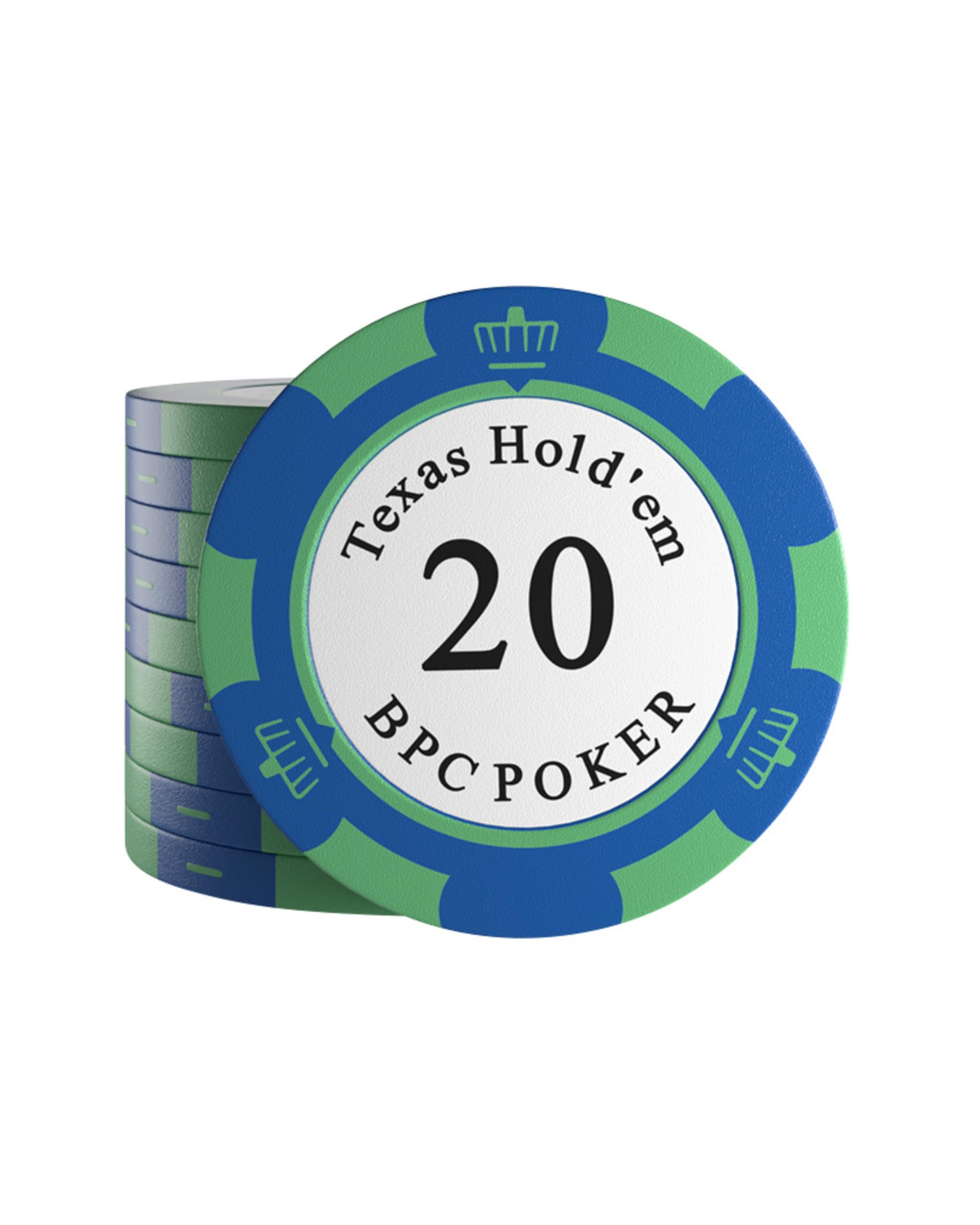 Bullets Playing Cards, 25 clay poker chips Carmela for poker set, value 20, 14 g, 4 cm diameter, colour blue -