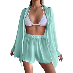 Raxmolo Womens Beach Cover Up Loose Shirt Style Sun Protection Set Casual Vacation Bikini Top and Pants Mint Green S