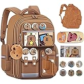 RRISETAG Capybara Cartoon Backpack Large Capacity Waterproof Kawaii Backpack with Pins and Accessories 12 Piece Set Gift for fans (Brown-A)