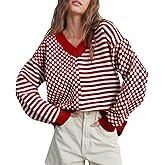 Women's Sweater Pullover Tops Knit V Neck Striped Checkered Winter Spring Long Sleeve Casual Fashion 2026 Lightweight Clothes
