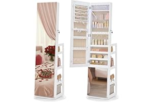 SONGMICS Jewelry Cabinet with Full-Length Mirror, 360° Rotating Standing Jewelry Armoire Organizer, Built-in LED Lights, 4 St