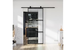 LDB_BUILDING 40 x 96 in Metal and Glass Sliding Barn Door with Installation Hardware Kit (Soft-Close Included)