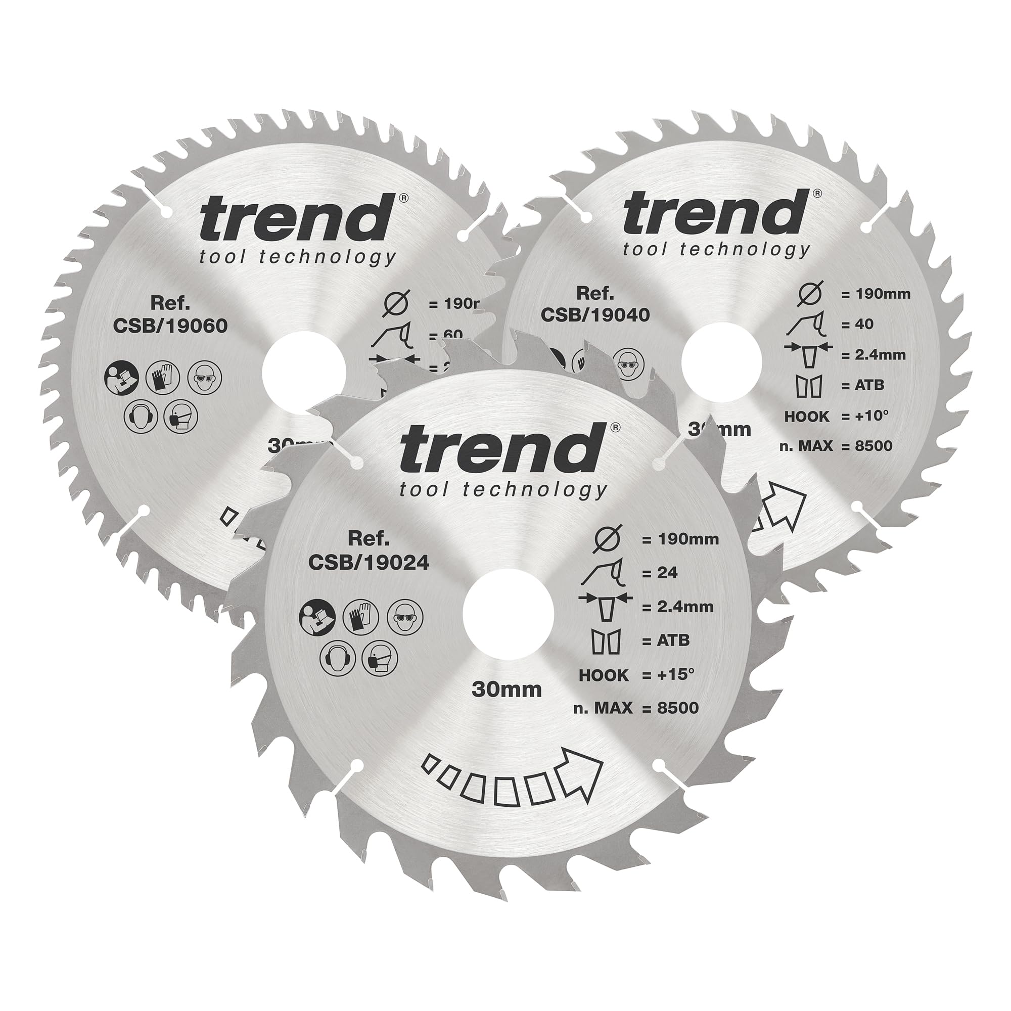 Trend Wood Circular Saw Blades, 190mm Diameter, 30mm Bore, 24/40/60 Teeth, 2.6mm Kerf, +15° Hook, TCT, Medium/Fine/Extra-Fine Finish, 3 Pack, CSB/190/3PK