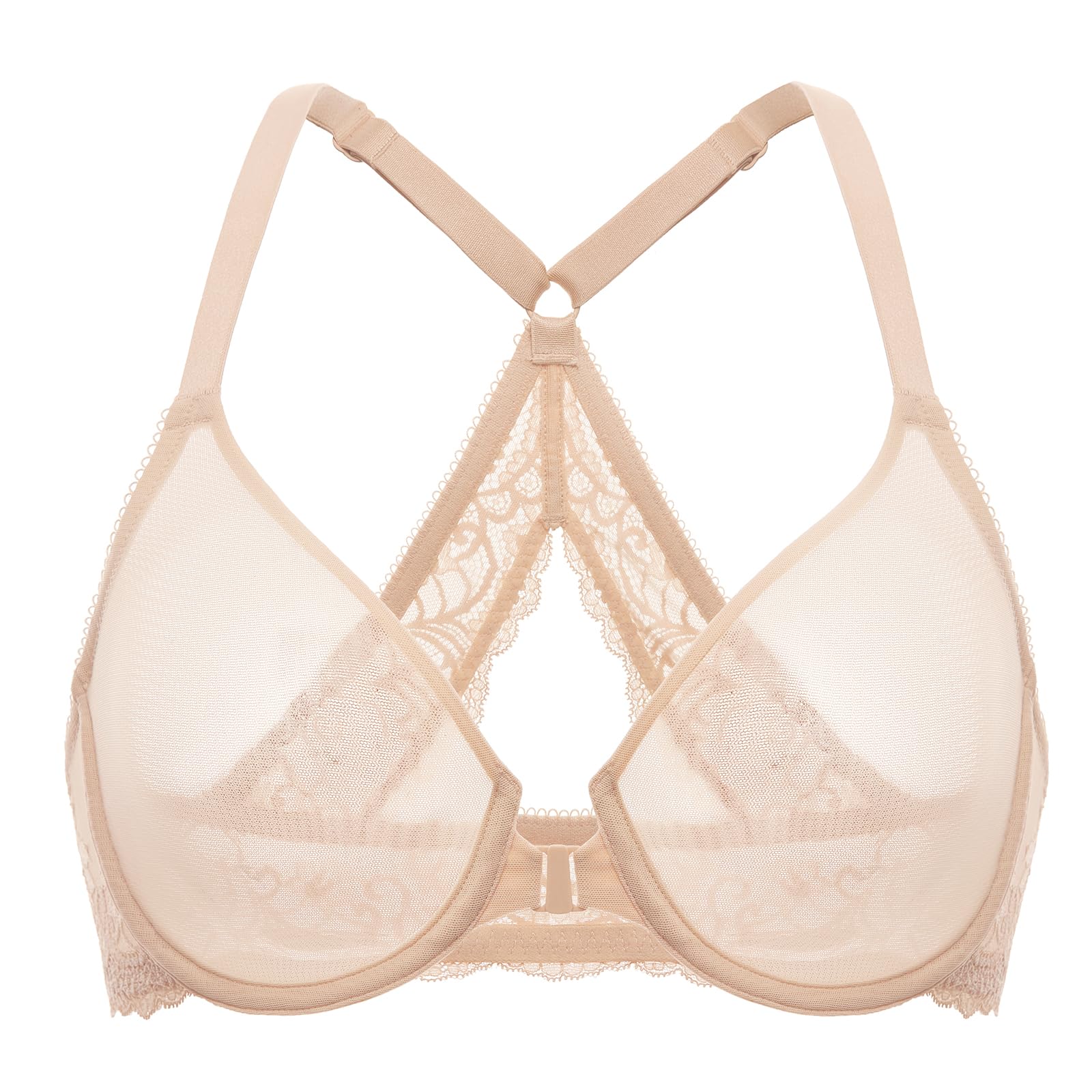 Photo 1 of DELIMIRA Women's Front Closure Racerback Bra Sheer Mesh Plus Size Full Coverage Underwire Unlined Bras Beige 34DD