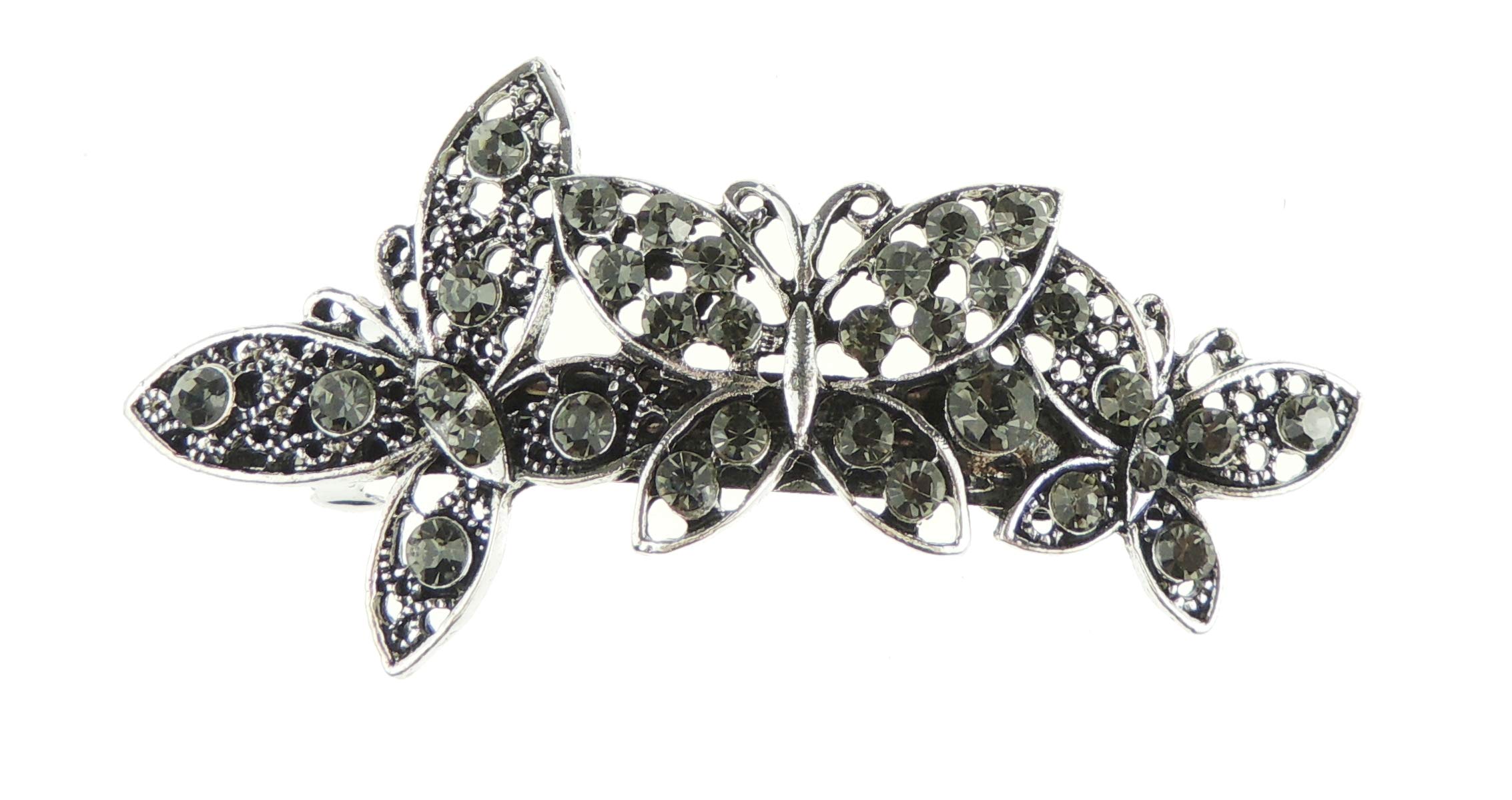 Vintage Look Womens Girls Crystal Rhinestone Diamante Wedding Bridal Party Evening Ponytail Fine Hair Accessories Occasion Barrette Hairpin Grip French Metal Spring Clip (Silver Dark Grey)