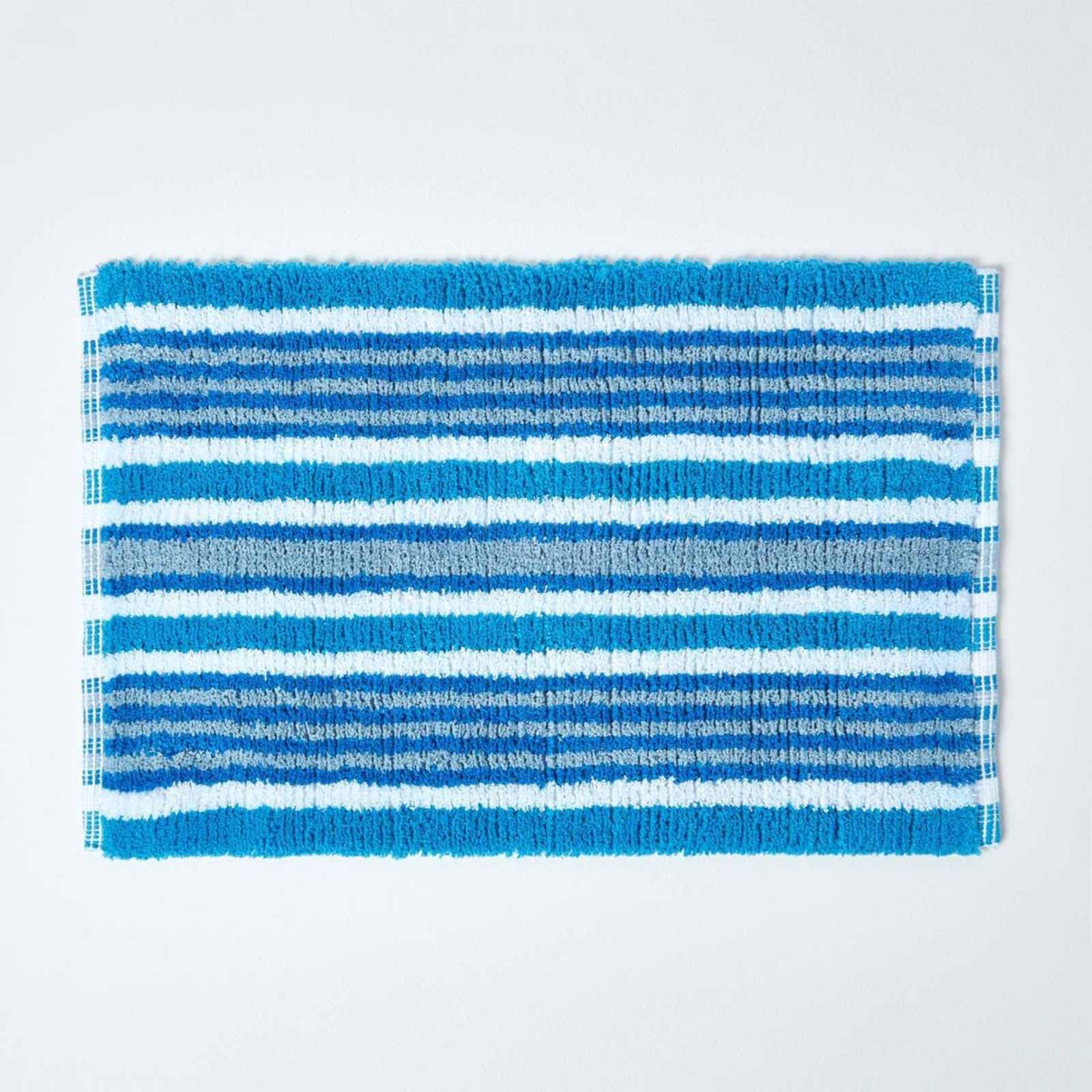 HOMESCAPES Handloomed Blue Striped Rug, 100% Cotton Bath Mat Suitable for any Room Including Wet Rooms