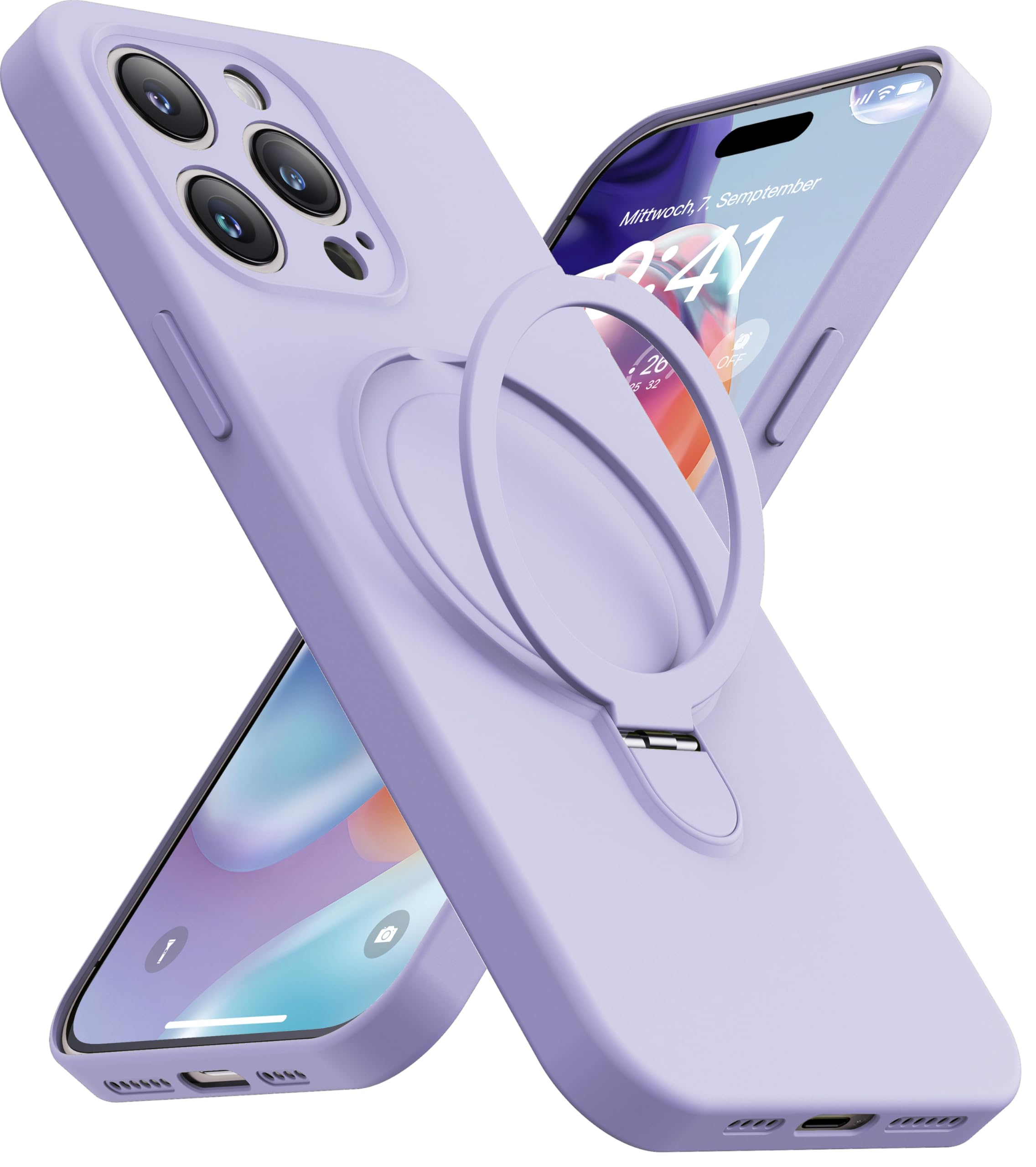 Photo 1 of Mephoro Magnetic Stand for iPhone 13 Pro, Liquid Silicone, [Compatible with MagSafe][Built-in Kickstand&Ring Holder] Anti-Scratch Soft Microfiber Lining, Light Purple